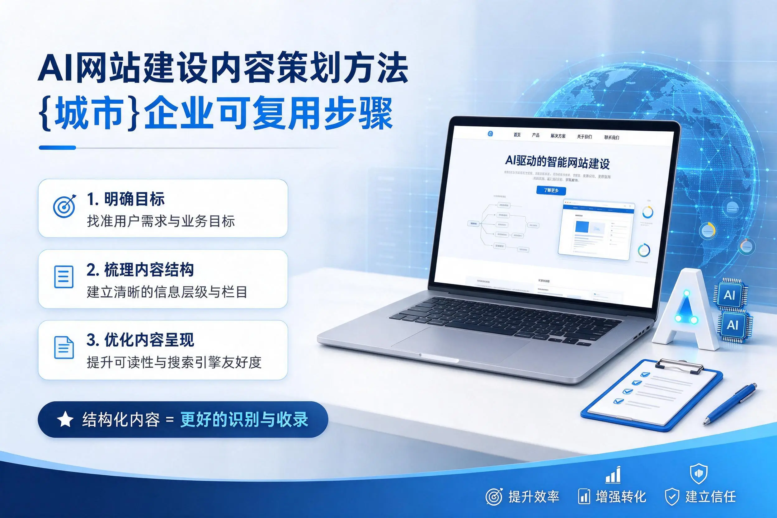 AI网站建设内容策划方法，可克达拉企业可复用步骤